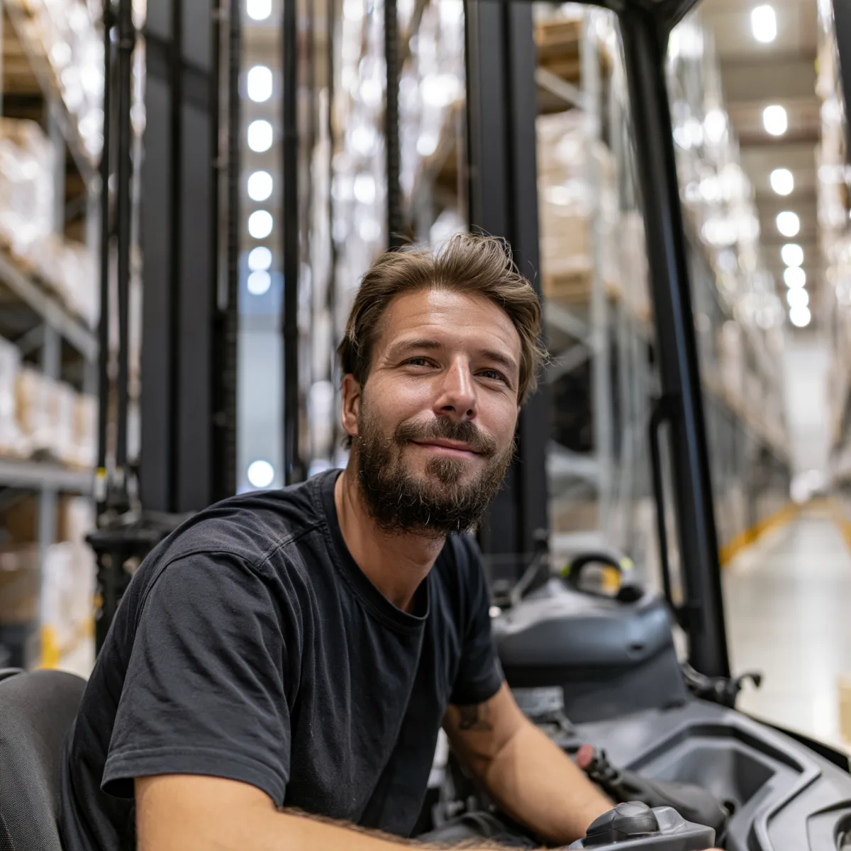 Herb at the controls of a forklift in a North Wales warehouse aisle