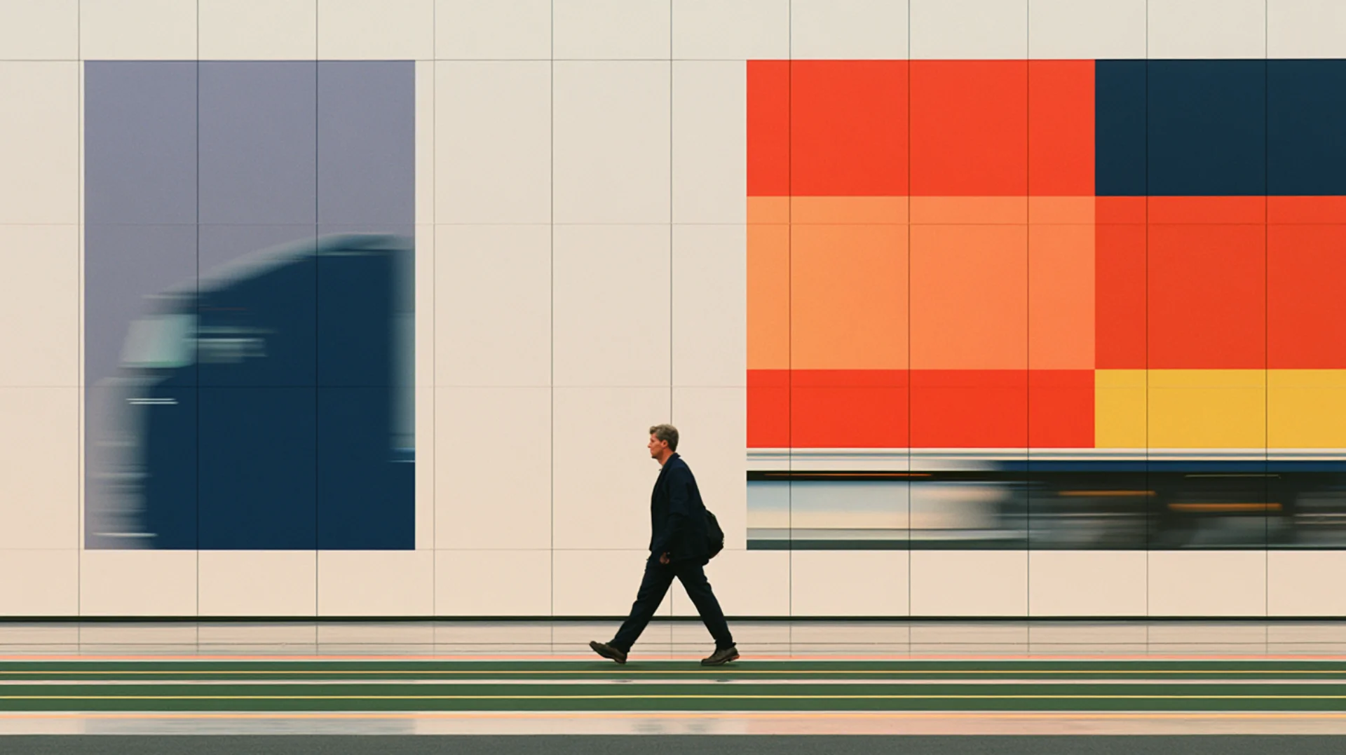 A courier walking past a freight terminal wall as a lorry passes in motion blur